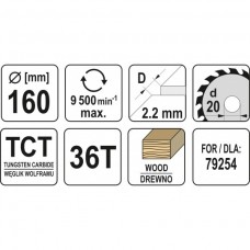 YATO Disc circular pentru lemn 160X36TX20mm..